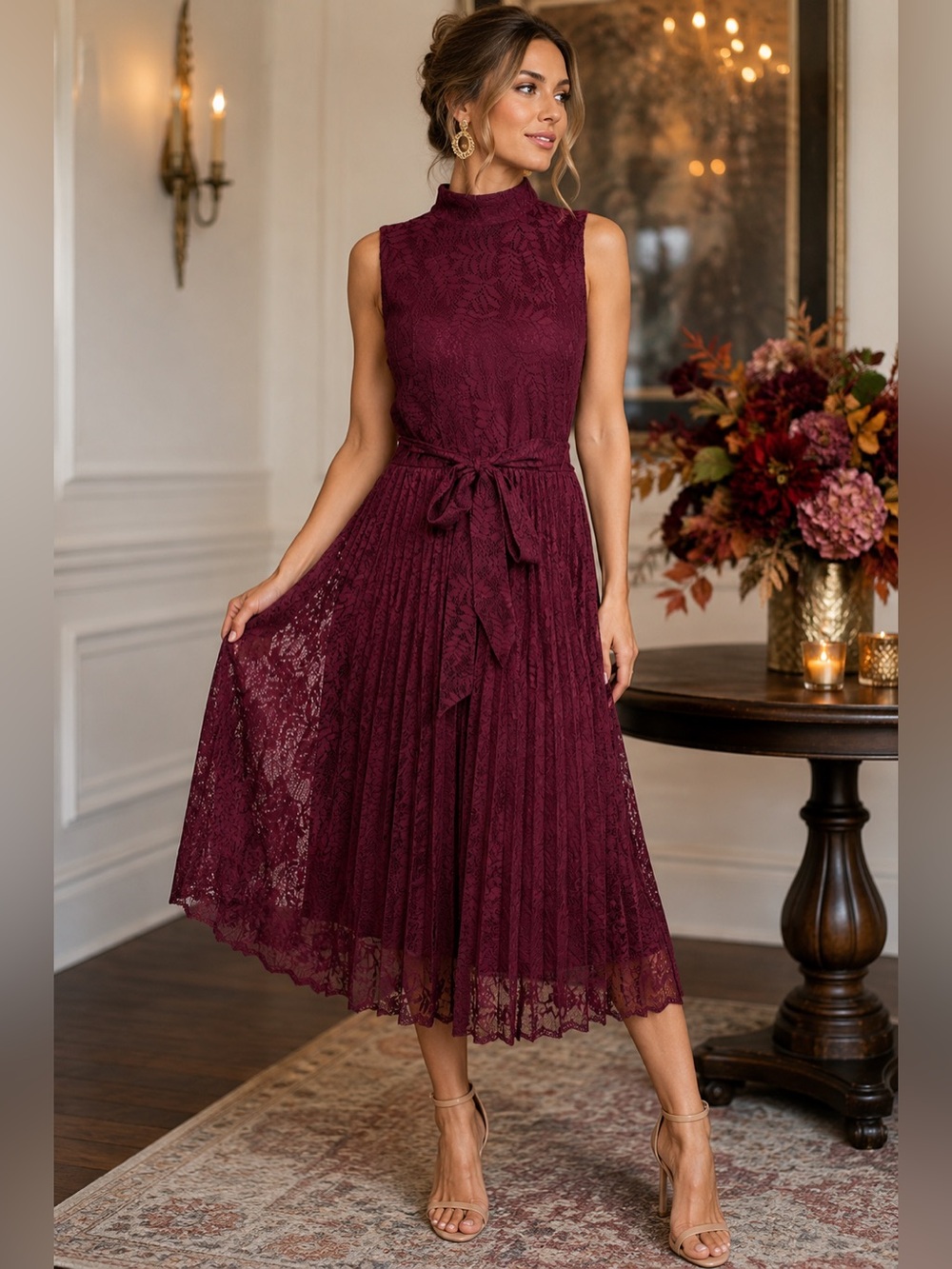 Studio One New York Burgundy Lace Pleated Midi Dress Size 12 Belted